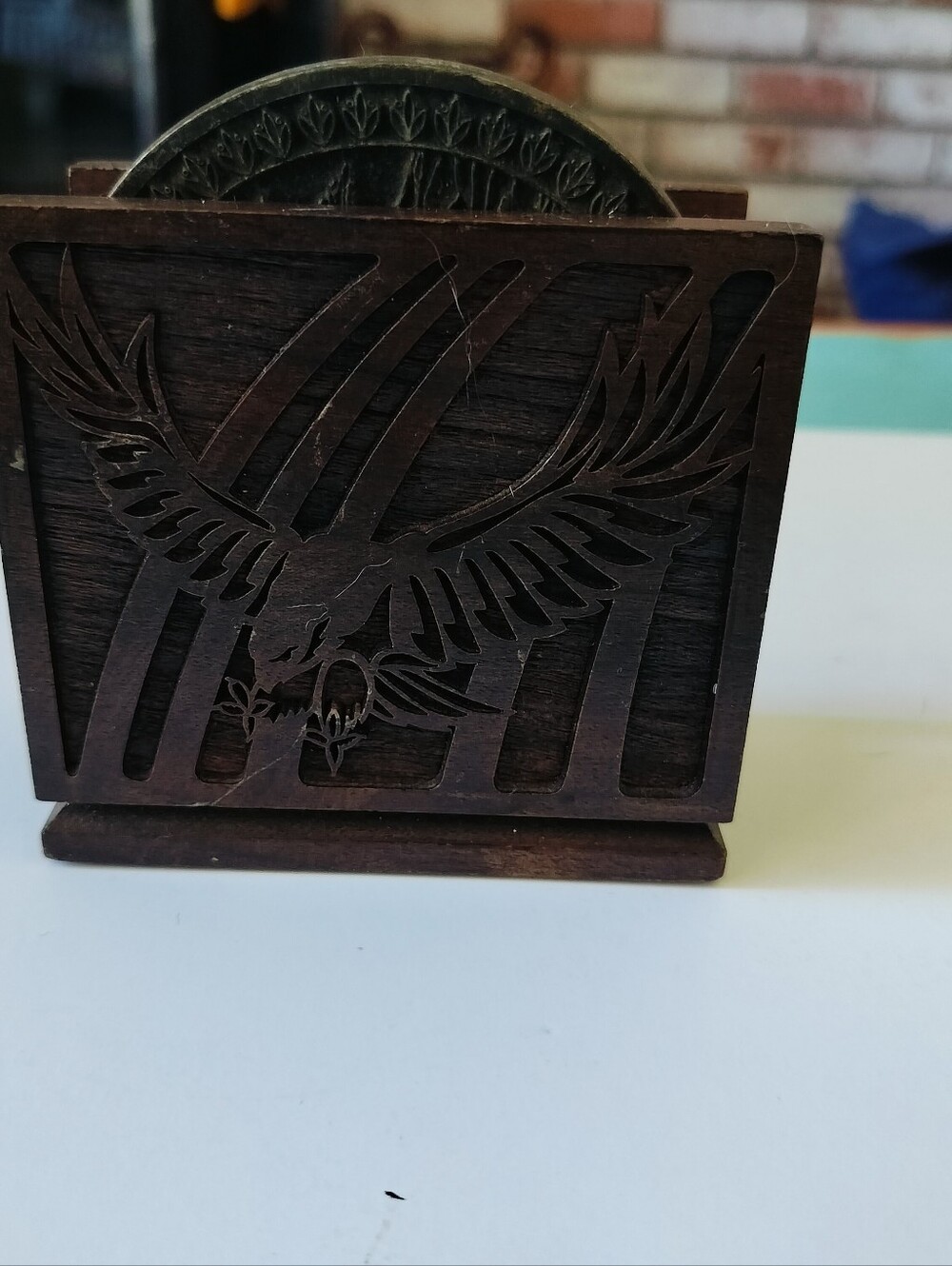Vintage Lasercraft Bald Eagle Wooden Coaster Set and Caddy